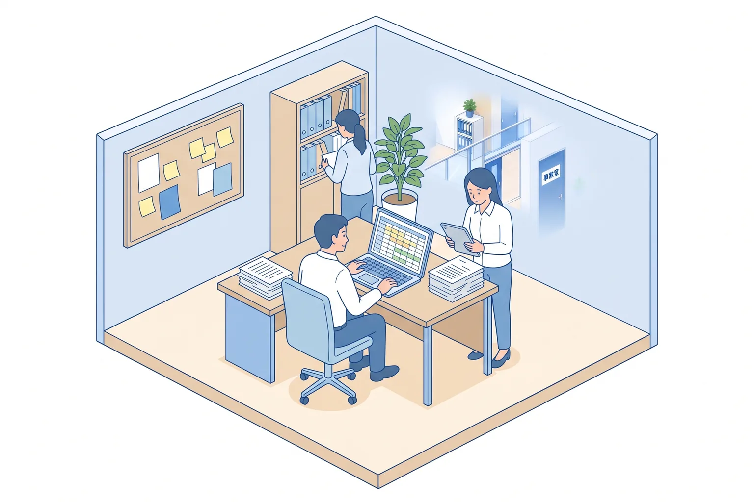 教務室で、ノートPCの担当表とタブレットの書類を見ながら仕事をする職員