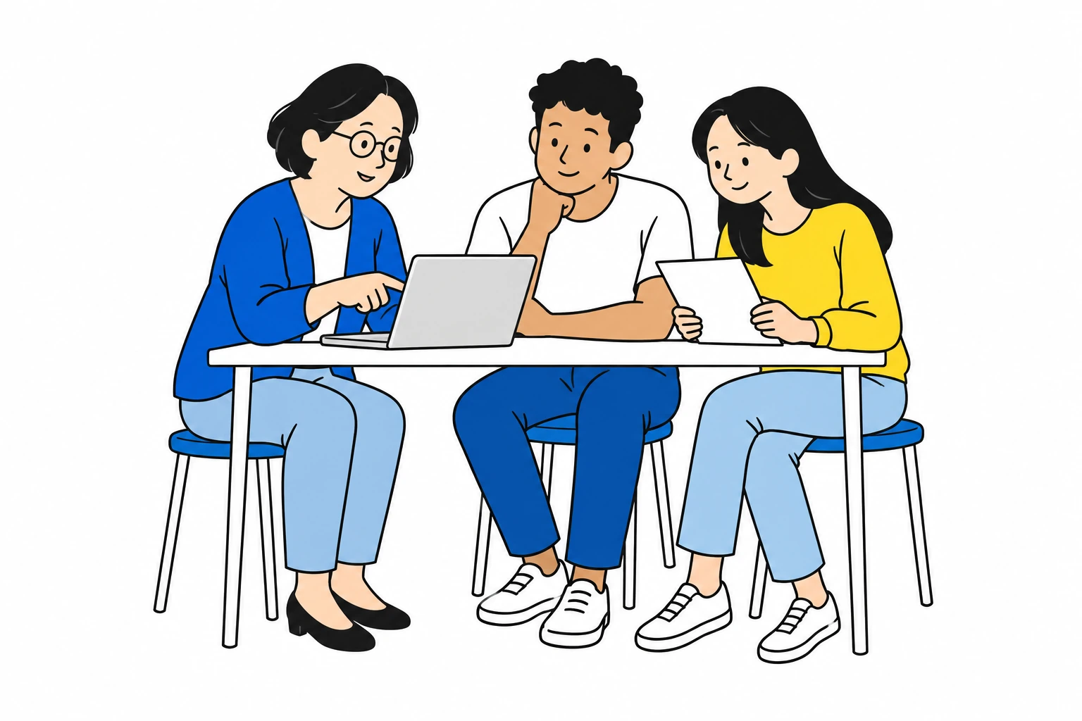 日本語学校の先生が、ノートPCの画面を指しながら留学生ふたりと進学先を話し合っているイラスト