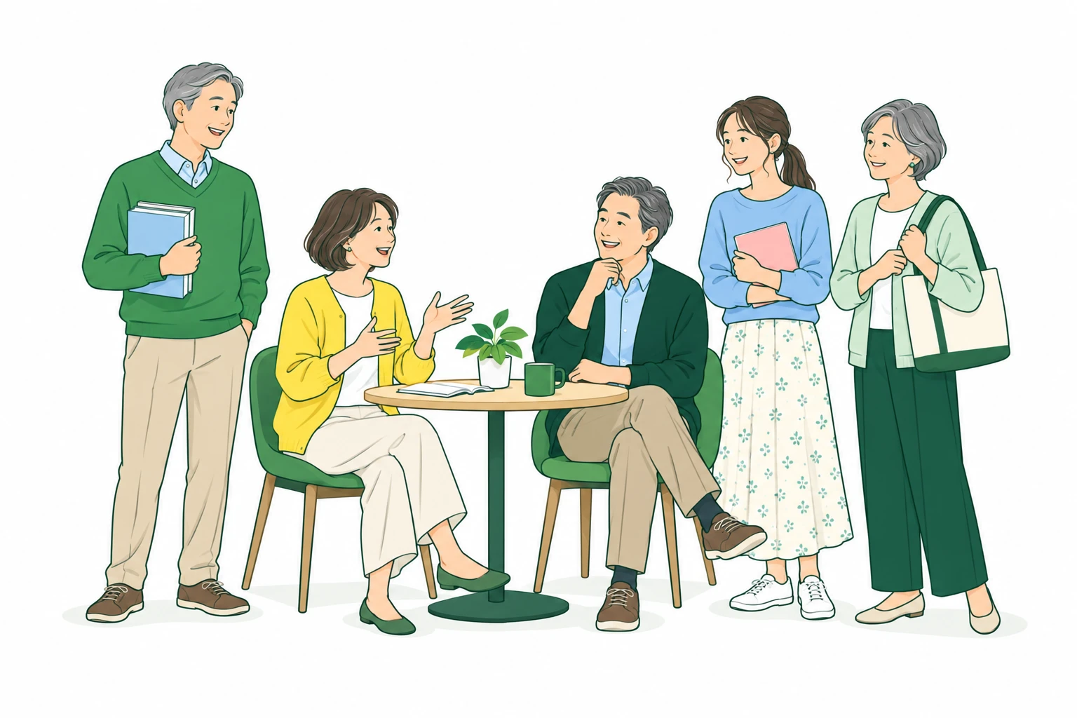 本を持つ受講生や50〜60代の男女が、学校の担当者と和やかに話しているイラスト